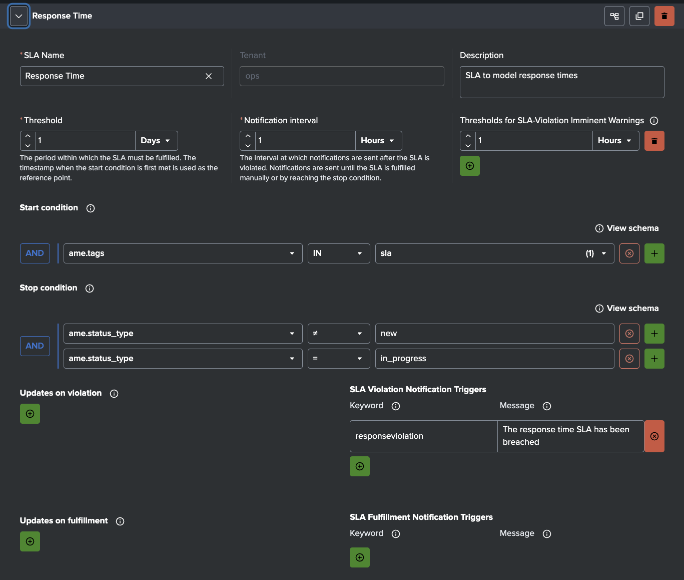 AME Sample Response Time SLA