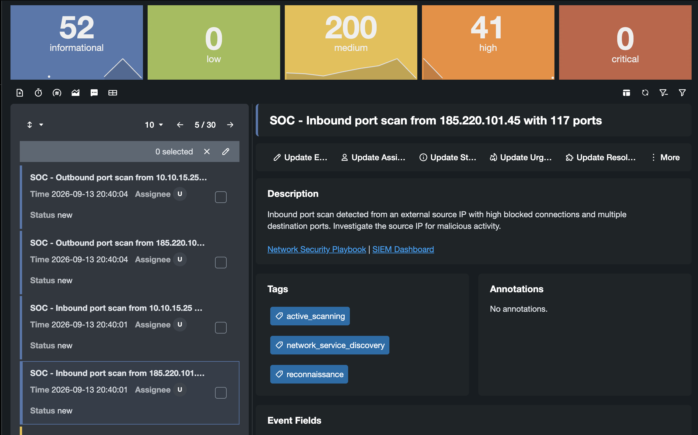 Explorer preview with event navigation on the left and the selected event's actions and details on the right